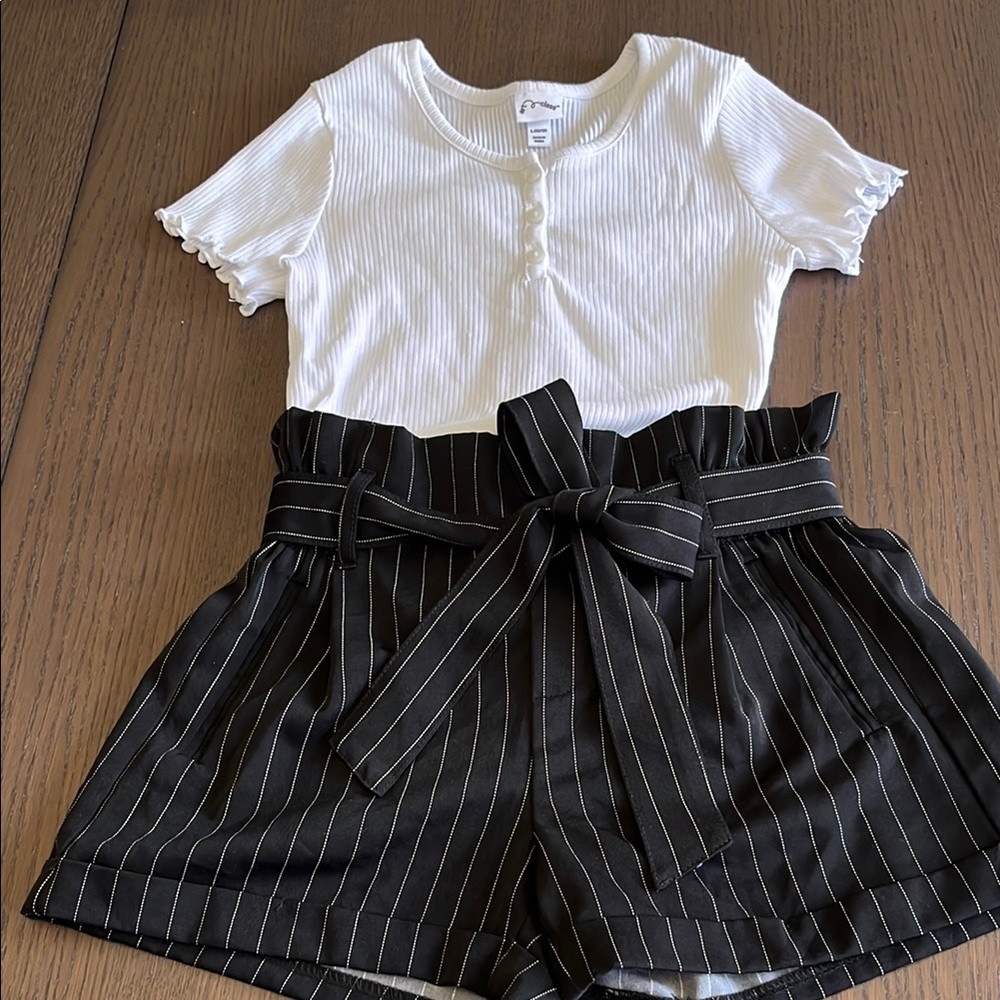 Urban Kids - Girl’s Paperbag Shorts & Button Shirt Set, Black/White, Size 10-12